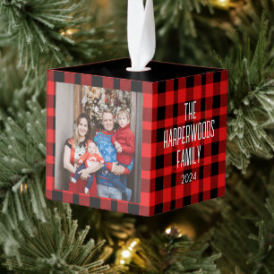 Modern Buffalo Plaid 3 Family photo Christmas Cube Ornament