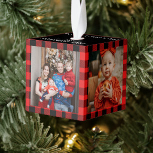 Modern Buffalo Plaid 4 Family photo Christmas Cube Ornament