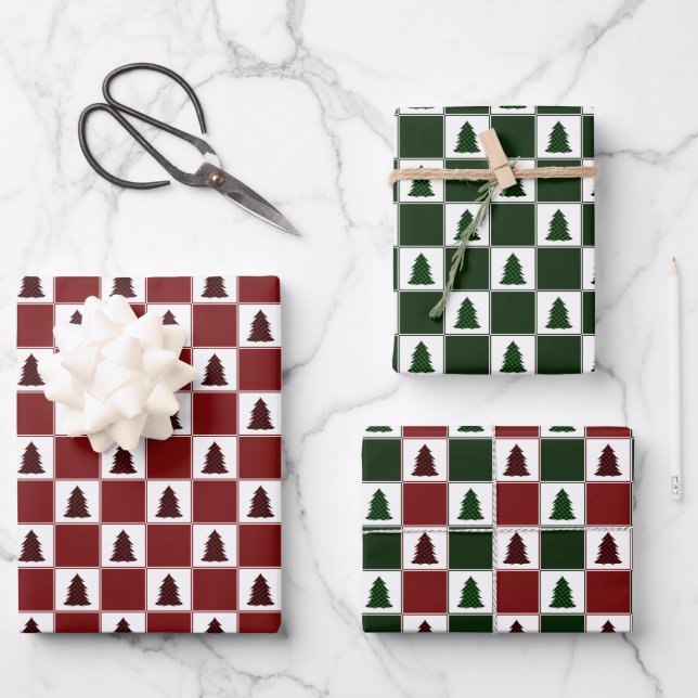 Modern Buffalo Plaid Christmas Tree Pattern Wrapping Paper Sheets (Front)
