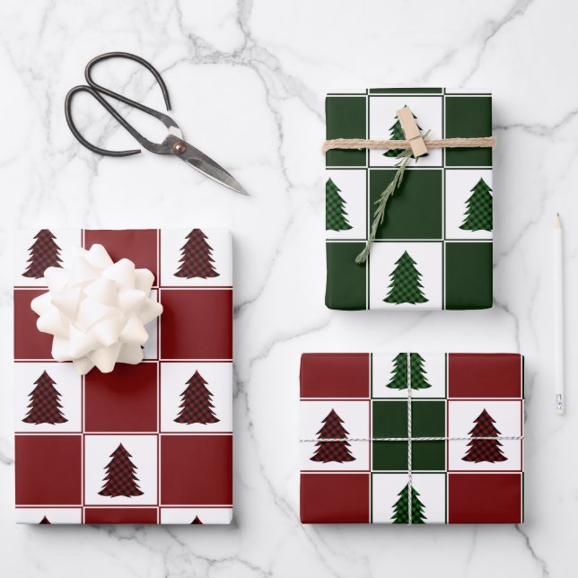 Modern Buffalo Plaid Christmas Tree Pattern Wrapping Paper Sheets (Front)