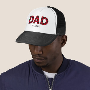 Modern Buffalo Plaid Dad Established Date Trucker Hat