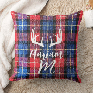Modern Buffalo Plaid (Deer Antlers) Elegant Tartan Throw Pillow