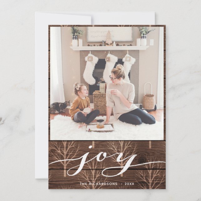 Modern Buffalo Plaid Elegant Script JOY Simple Holiday Card (Front)