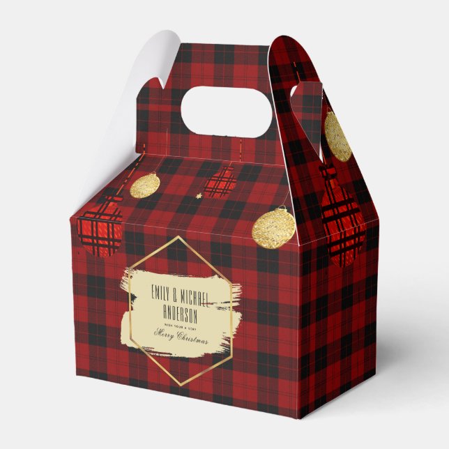 Modern Buffalo Plaid Gold Christmas Personalized Favor Boxes (Front Side)