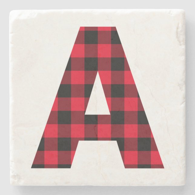 Modern Buffalo Plaid Initial A Monogram Stone Coaster (Front)