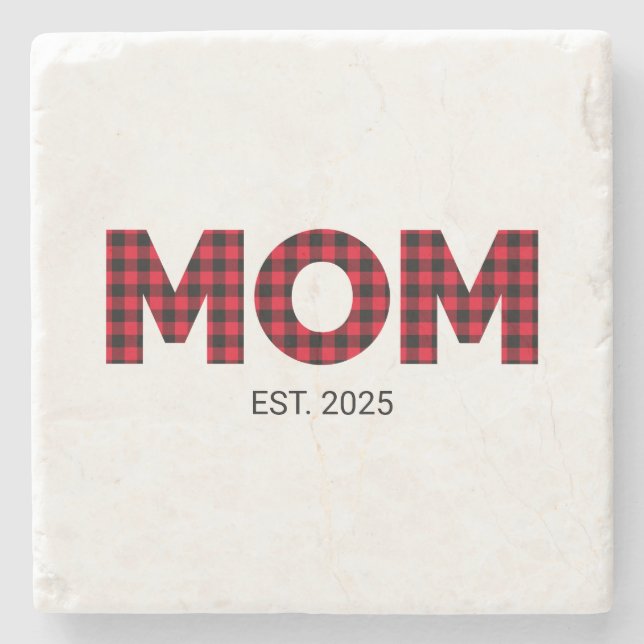 Modern Buffalo Plaid Mom Established Date Photo Stone Coaster (Front)