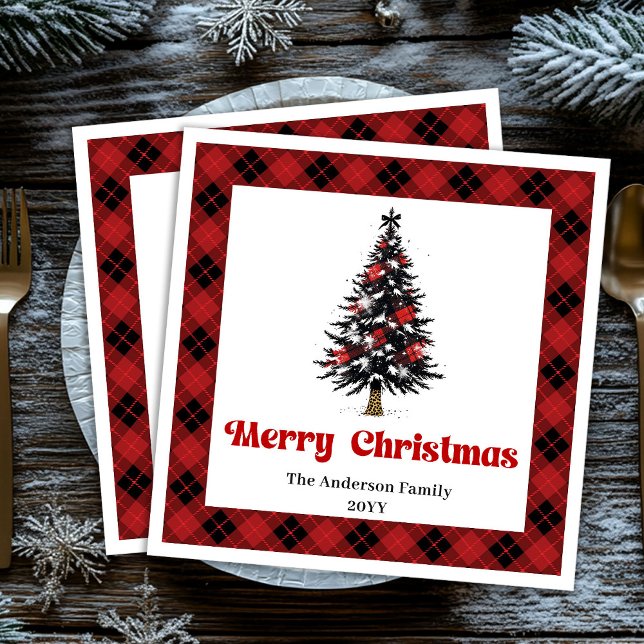Modern Buffalo Plaid Tree Christmas Napkin (Modern Buffalo Plaid Tree Christmas Napkin)
