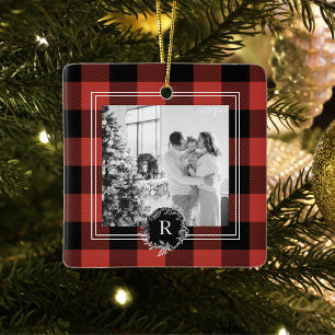 Modern Buffalo Red Plaid Family Photo Initial Ceramic Ornament