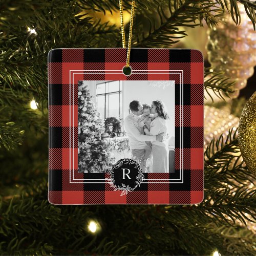 Modern Buffalo Red Plaid  Family Photo  Initial  Ceramic Ornament