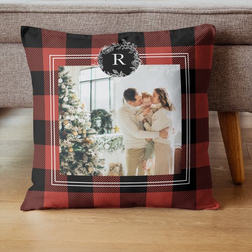 Modern Buffalo Red Plaid  Family Photo  Initial Throw Pillow