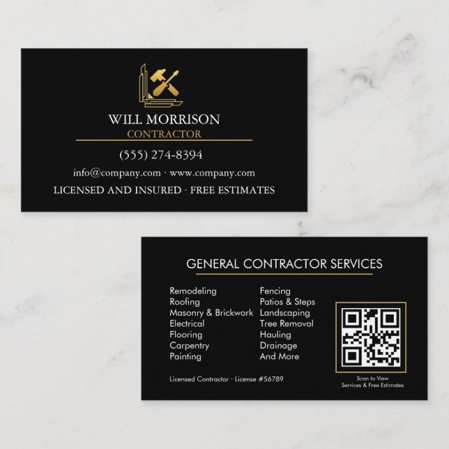 Modern Building Construction Golden & Black  Business Card (Front/Back)