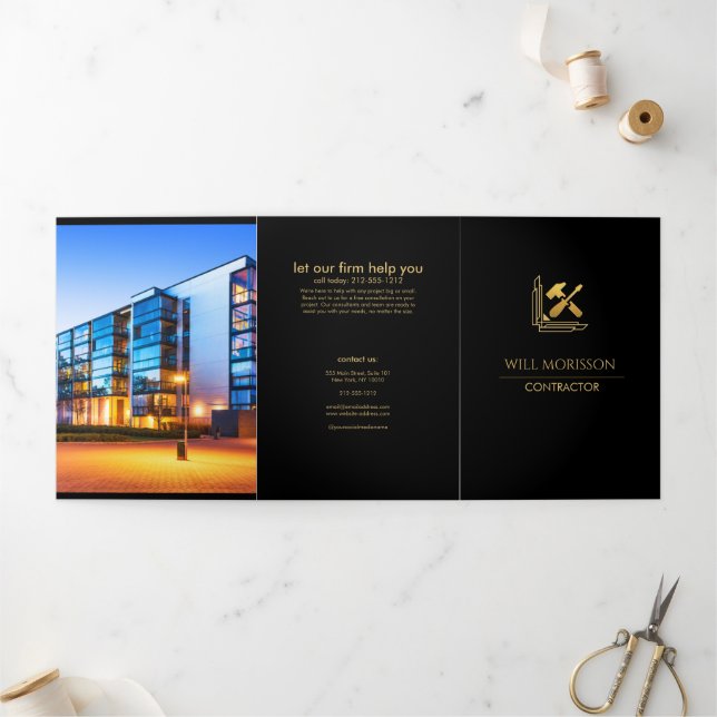 Modern Building Construction Golden & Black Tri-Fold Card (Outside)