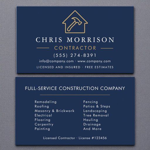 Customizable Modern Building Construction Navy Blue Gold  Business Card