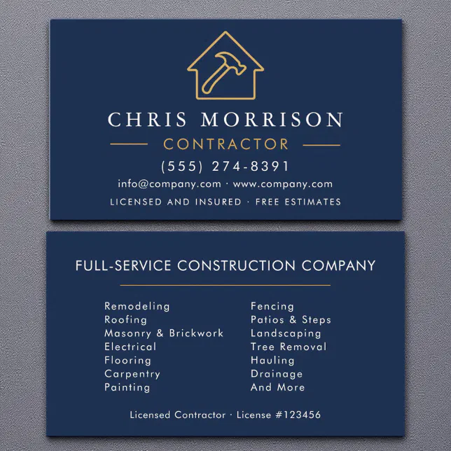 Modern Building Construction Navy Blue Gold Business Card | Zazzle
