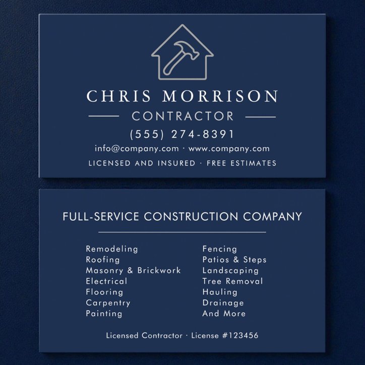 Modern Building Construction Navy Blue Silver Business Card