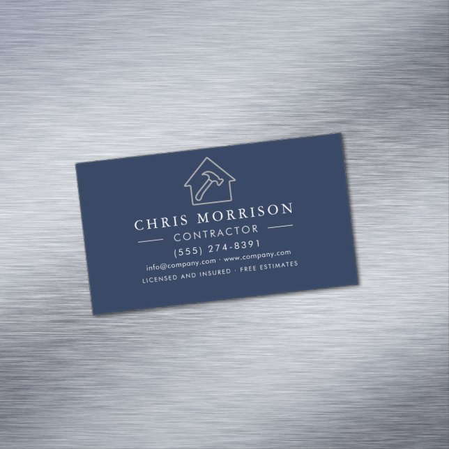Modern Building Construction Navy Blue Silver Business Card Magnet (In Situ)