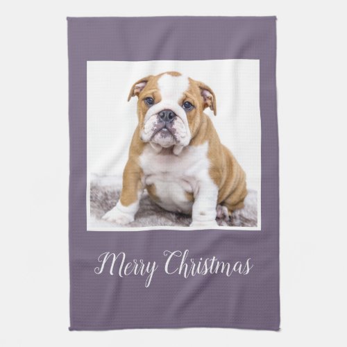 Modern Bulldog Dog Merry Christmas Holiday Photo K Kitchen Towel