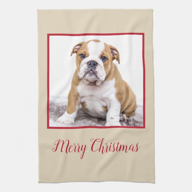 Modern Bulldog Dog Merry Christmas Holiday Photo Kitchen Towel (Vertical)