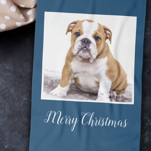 Modern Bulldog Dog Merry Christmas Holiday Photo Kitchen Towel