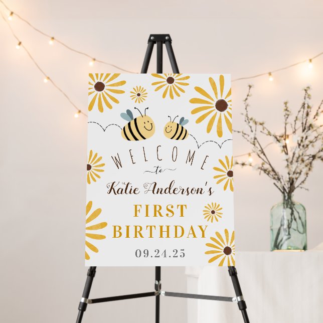 Modern Bumblebee Sunflowers First Birthday Foam Board (In Situ (Stand))