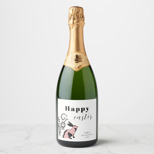 Modern Bunny Happy Easter Personalized Sparkling Wine Label (Front)