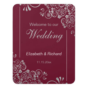 Modern Burgandy Silver Gray Welcome Wedding Door Sign