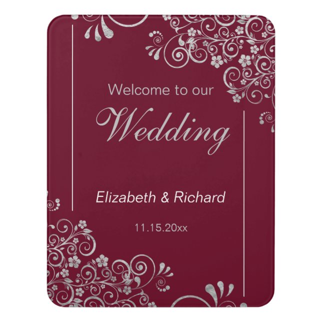 Modern Burgandy Silver Gray Welcome Wedding Door Sign (Contemporary Vert)