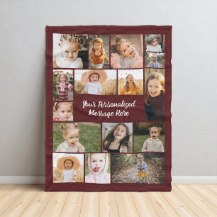 Modern Burgundy 16 Photo Collage Custom Color Fleece Blanket