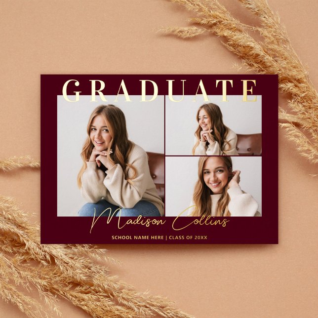 Modern Burgundy 3 Photo Graduation Gold Foil Invitation (Creator Uploaded)
