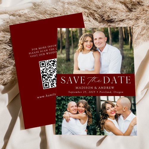 Modern Burgundy 3 Photo QR Code Save The Date