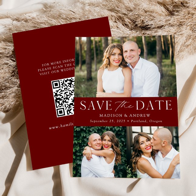 Modern Burgundy 3 Photo QR Code Save The Date (Creator Uploaded)