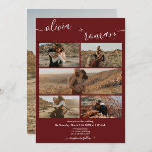 Modern burgundy 6 photos grid collage wedding invitation