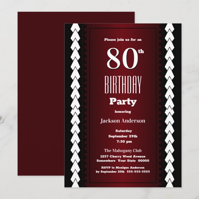 Modern Burgundy 80th Birthday Party Invitation (Front/Back)