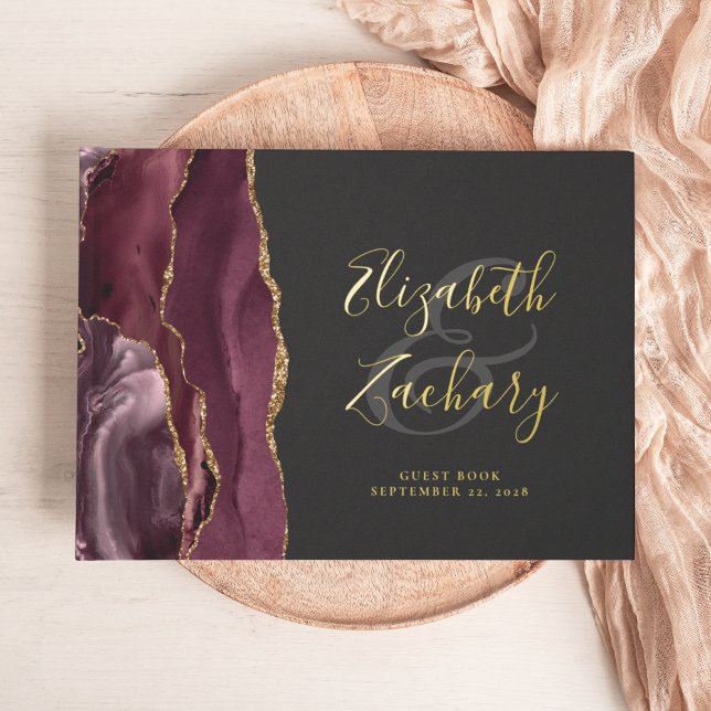 Modern Burgundy Agate Gold Script Dark Foil Guest Book (Creator Uploaded)