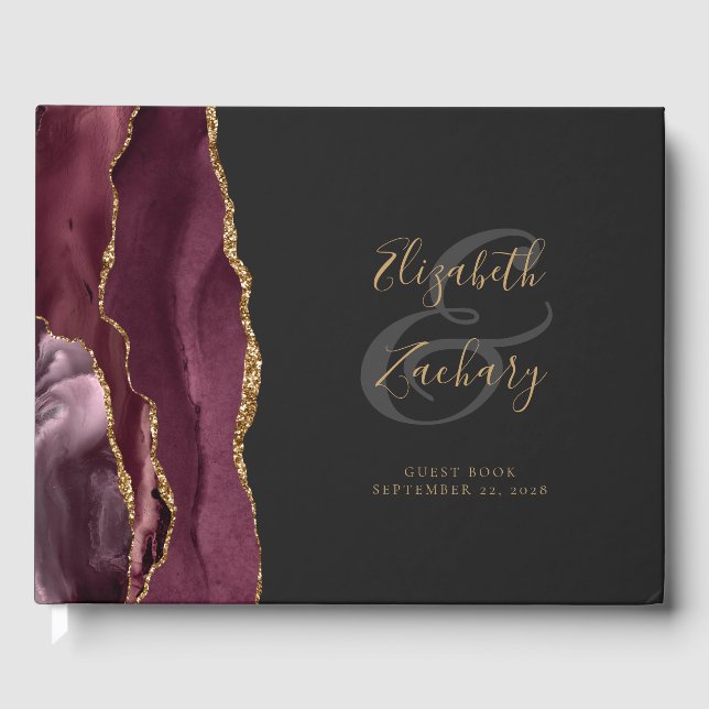Modern Burgundy Agate Gold Script Dark Guest Book (Front)