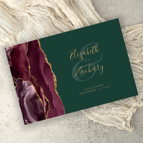 Modern Burgundy Agate Gold Script Green Guest Book