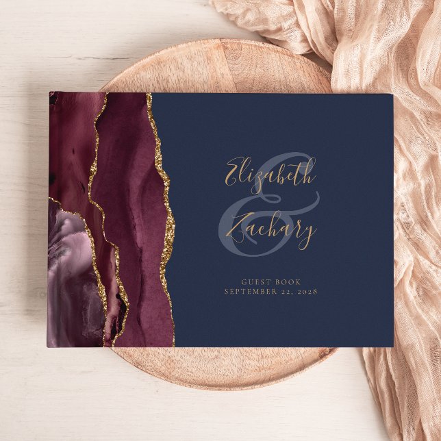 Modern Burgundy Agate Gold Script Navy Blue Guest Book (Creator Uploaded)