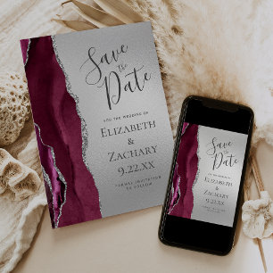 Modern Burgundy Agate Silver Save the Date Invitation