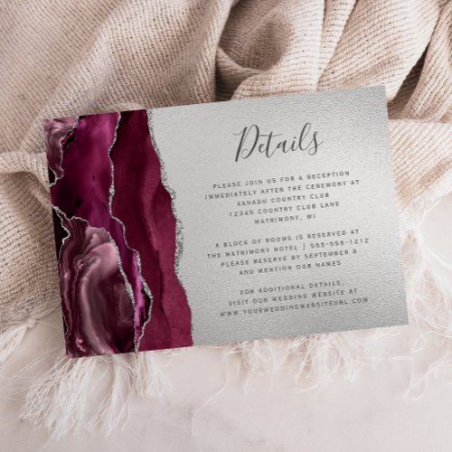 Modern Burgundy Agate Silver Wedding Details  Enclosure Card