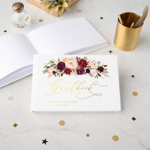 Modern Burgundy And Blush Floral Foil Guest Book