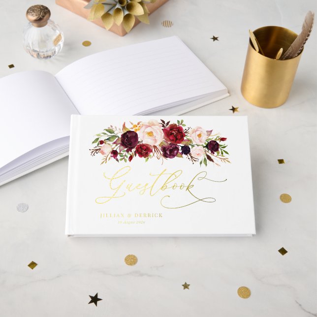 Modern Burgundy And Blush Floral Foil Guest Book (Front Open)
