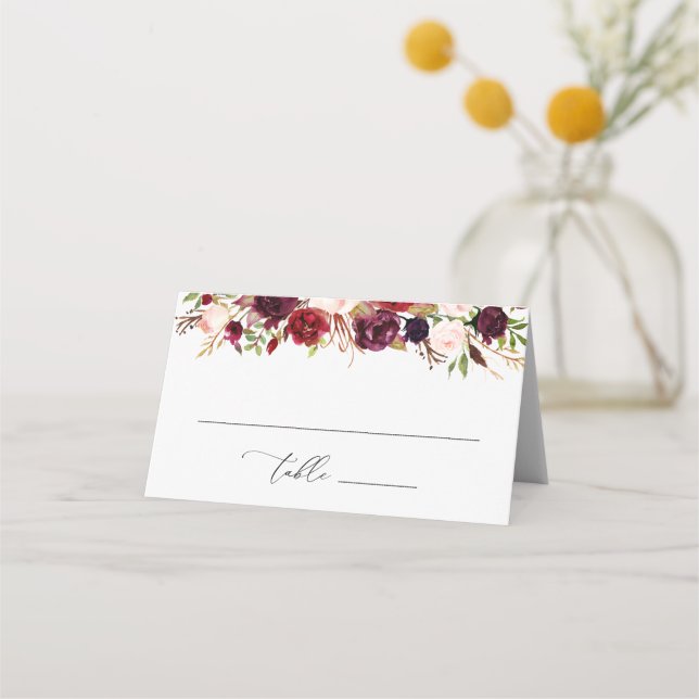 Modern Burgundy And Blush Floral Place Card (Front)