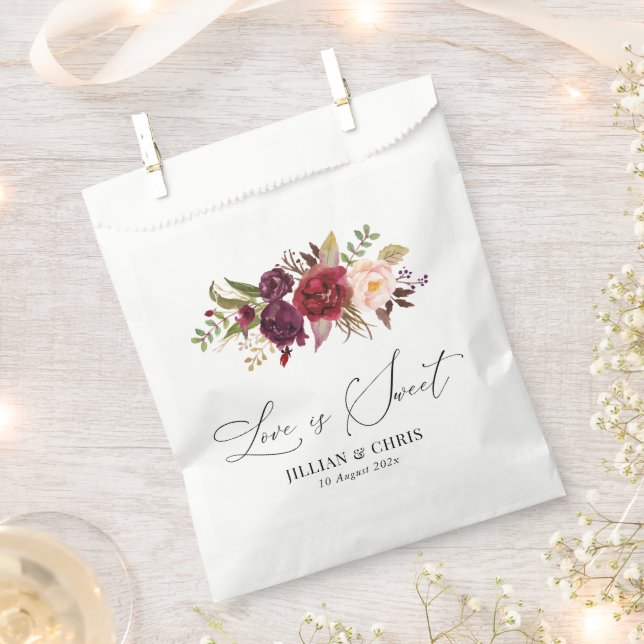 Modern Burgundy And Blush Floral Wedding Favor Bag (Clipped)