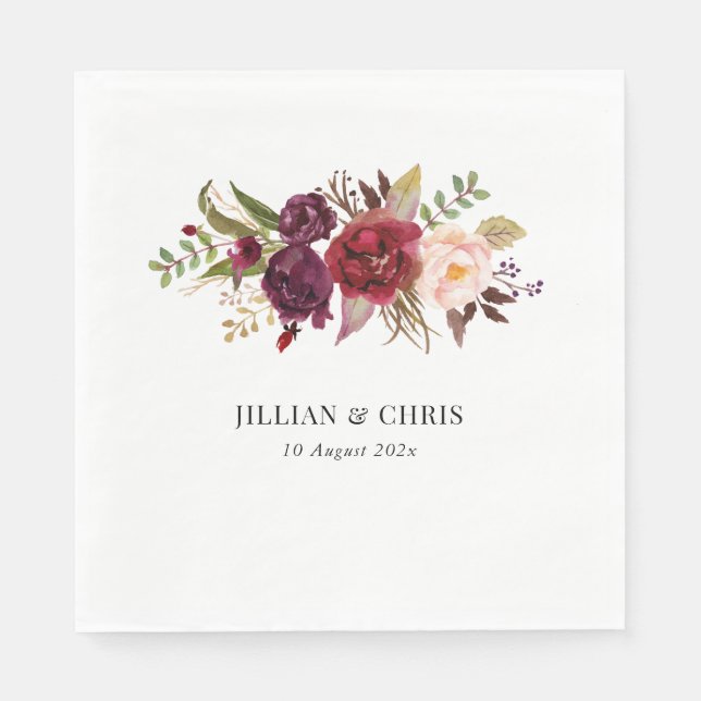 Modern Burgundy And Blush Floral Wedding Napkins (Front)