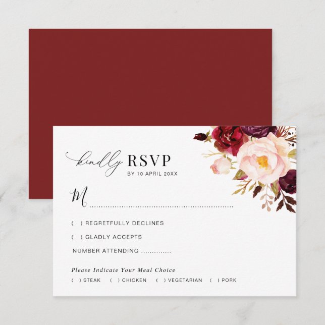 Modern Burgundy And Blush Floral Wedding RSVP card (Front/Back)