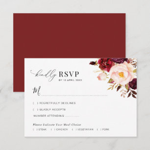 Modern Burgundy And Blush Floral Wedding RSVP card