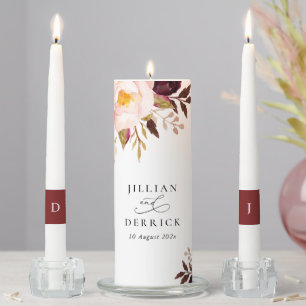 Modern Burgundy And Blush Floral Wedding Unity Candle Set