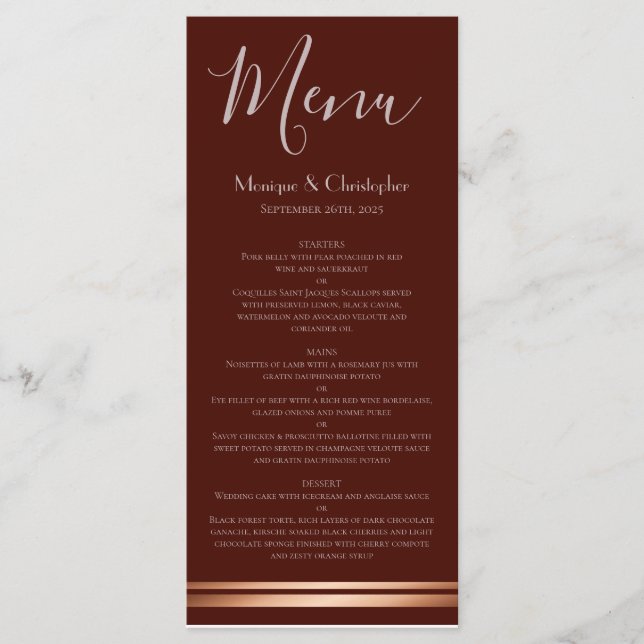 Modern Burgundy and Copper Wedding Menu (Front)