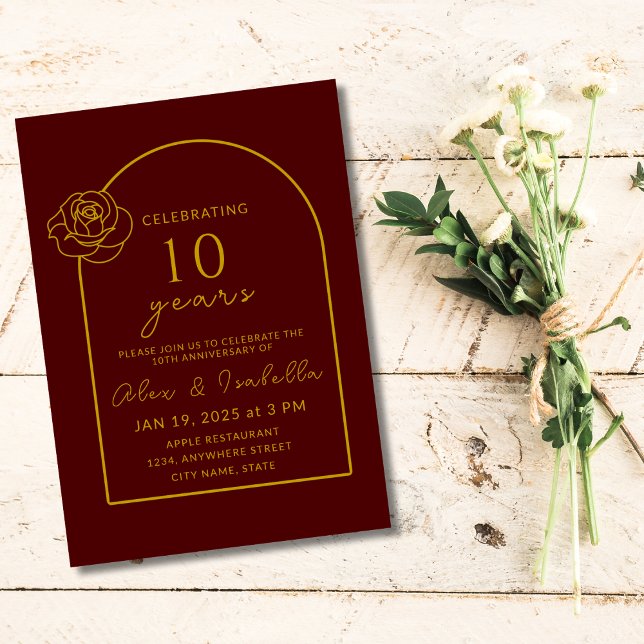 Modern burgundy and Gold 10th Wedding Anniversary Invitation (Modern burgundy and gold 10th year wedding anniversary invitation for party invite)