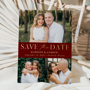 Modern Burgundy and Gold 3 Photo Save the Date Foil Invitation